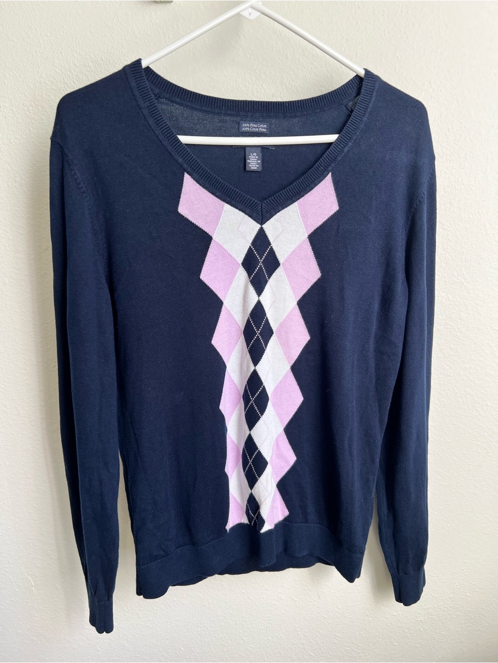 Tommy Hilfiger 100% Pima Cotton Navy V-Neck Sweater with Purple and White Argyle